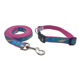 Preston Mermaid Dog Collar and Leash Set - Mermaid on Turquoise Blue Ribbon with Pink Nylon Webbing (Small)