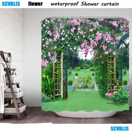 SCVBLJS Floral Shower Curtain Waterproof Bathroom Bathtub Anti-Mildew Polyester Fabric Bathroom Shower Curtain Garden scenery curtain Flower bath room partition curtain leaves With Hooks 180X180cm