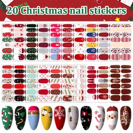 WOKOTO 20 Sheets Christmas Nail Stickers, Nail Polish Strips - Santa Claus, Elk, Snow Man, Christmas Tree, Christmas Full Nail Wraps Nail Polish Stickers Nail Strips For Women Nails Art Stickers