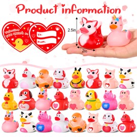 24 Pcs Rubber Ducks with Valentines Cards for Kids School Classroom, Valentines Theme Rubber Ducks in Bulk, Valentines Gifts for Kids Classroom Exchange Prizes, Valentines Party Favors