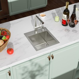 Yurshen 13 x 15 Inch Drop In Bar Sink, 16 Gauge T304 Stainless Steel Single Bowl Kitchen Sink, Topmount Sink with Dual Faucet Holes, 9 Inch Deep Basin, Brushed Nickel