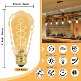 BLINGCOLOR E26 LED Vintage Edison Light Bulbs 60W Equivalent, Dimmable E26 6W LED Edison Bulb 2200K Amber Warm Light, ST58 Antique Decorative Light Bulbs for Pendant Lights Fixture, CRI90+, 4 Pack