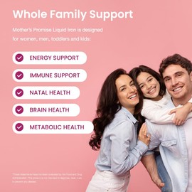 Mother's Promise Suplemento de hierro líquido orgánico para mujeres, hombres y niños con vitamina C Sin azúcar, sabor a frutos rojos, vegano y no causa estreñimiento. Suplemento de hierro Ferrochel®