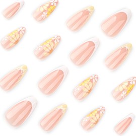 24Pcs Press On Nails Medium Almond Fake Nails Yellow Flower False Nails French Tip False Nails With Bow Floral Designs Acrylic Spring Nails Press Ons Full Cover Stick On Nails For Women