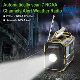 Raynic Weather Radio, Solar Hand Crank Emergency Radio, 5 Ways Powered AM/FM/SW/NOAA Weather Alert Radio with Flashlight, Cell Phone Charger and SOS Siren for Power Outages (Camo-Green-LCD Display)