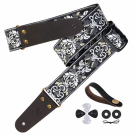 Nefelibata Guitar Strap, 2" Jacquard Embroidery Guitar Straps, Full Grain Leather Ends with Hidden Pocket, for Bass, Electric and Acoustic Guitars, Free Buckle, Strap Lock and Guitar Picks