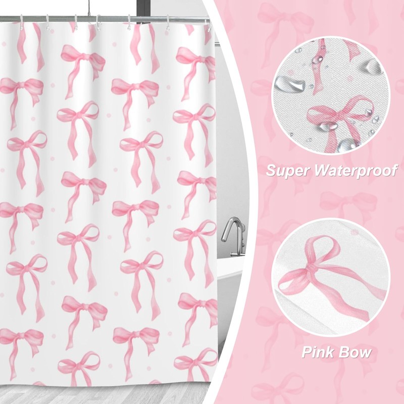 FloralGrace Cute Shower Curtain Pink Bow Fabric Shower Curtains for