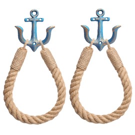 2 Pcs Nautical Rope Toilet Paper Holder Wall-Mounted Towel Ring Nautical Toilet Paper Holder with Metal Hooks Coastal Towel Rack Natural Antique Rope(Blue+Blue)