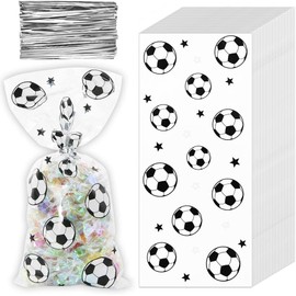 100 bolsas de regalo de fútbol, bolsas de regalo de fútbol, bolsas de regalo de fiesta, bolsas de celofán transparentes con lazos plateados, suministros de fiesta de cumpleaños de fútbol para niños, bolsas de aperitivos de equipo