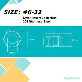 GuoYomm 100PCS #6-32 Nylon Insert Lock Nuts, Stainless Steel 304 (A2-70) Locknuts, Standard Inch Thread