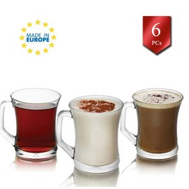 LAV Glass Coffee Mugs Set of 6, Turkish Tea and Coffee Cups, 6 Pcs Glass Mugs for Beverages | Turkish Teacups Set with Handles, Coffee Tea Service Cups with Handles, 7.6 Oz (225 Cc) (6 Pcs)