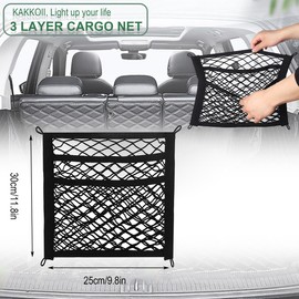KAKKOII 3 Layer Cargo Net,Small Cargo Net, Universal Mesh Pocket for Trunk RV Boats,Home Storage Stretchable Cargo Pocket Net, 2 Pack with Mounting Screws and Hooks (3 Layer,11.8 x 9.8Inch)