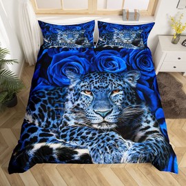 Feelyou Leopard Comforter Cover Safari Cheetah Print Bedding Set for Boys Girls Children Wild Animal Duvet Cover Room Decor Blue Rose Print Twin Size Quilt Cover 2Pcs