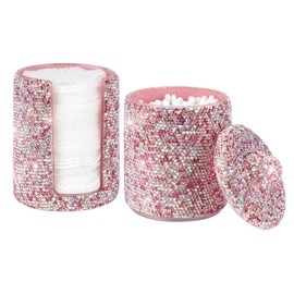 KEYPOWER Bling Rhinestone Cotton Ball Pad Swabs Make Up Pads Dispenser Holder Acrylic Jar with Lid Multi-function Organizer Container (Pink)
