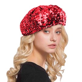 Women Sparkly Sequin Beret Hat Fashion Fun Stretch Beanie Cap Headwear for Party Club Dance (Red)
