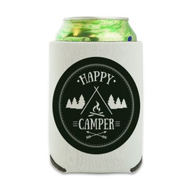 Happy Camper with Campfire Can Cooler - Drink Sleeve Hugger Collapsible Insulator - Beverage Insulated Holder