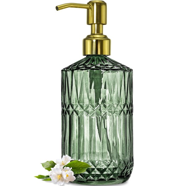 JASAI 18Oz Green Glass Soap Dispenser with Gold Rust Proof