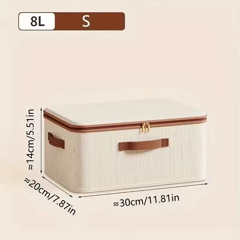 8L Cotton Linen Storage Box with Lid, Foldable Zipper Organizer