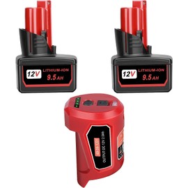 KUNLUN 2Pack 9500mAh High Output 12V Battery and 12V USB Power Source Adapter for Milwaukee 12V Battery Compatible for Milwaukee 12-Volt 48-11-2450 48-11-2460 48-11-2430 48-11-2402 48-11-2440 48-11-24