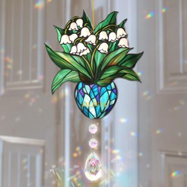 Lily of The Valley Suncatcher - Birth Flower Gifts for Women, Birth Flower with Name Suncatcher Ornament with Crystal, for Mom, Grandma