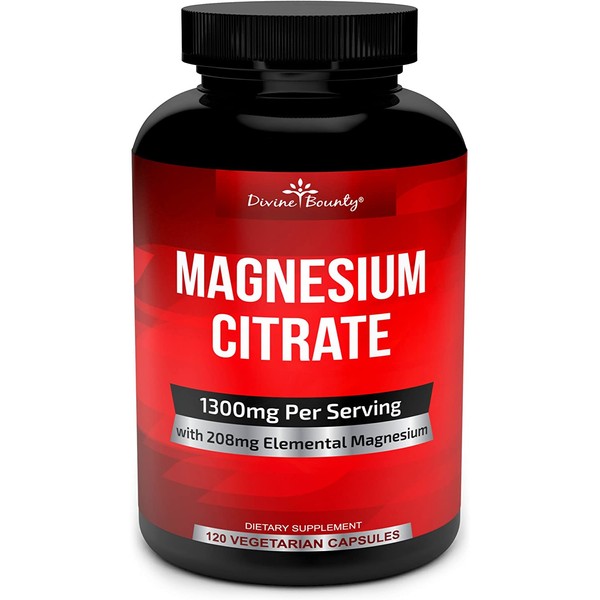 Pure Magnesium Citrate Capsules - 1300mg Magnesium Supplement with Elemental Magnesium - 120 Vegetarian Capsules