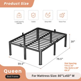 VIPSHOW 20 Inch Queen Heavy Duty 3500 lbs Bed Frame with Round-Corner Legs & Anti-Squeak Design – Quick Assembly Metal Platform, No Box Spring Needed