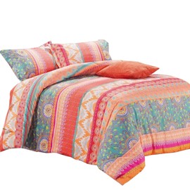 Wake In Cloud - Bohemian Comforter Set, Orange Coral Boho Chic Mandala Pattern Printed, Soft Microfiber Bedding (3pcs, Queen Size)