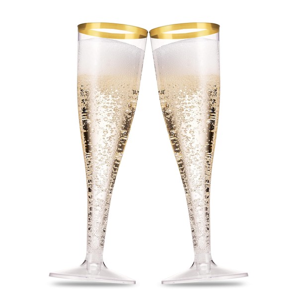 Munfix 50 Pack Gold Rimmed Plastic Champagne Flutes 5 Oz Clear Plastic Toasting Glasses Fancy Disposable Wedding Party Cocktail Cups with Gold Rim