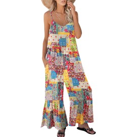 Himosyber Women's Summer Boho Jumpsuits Casual Wide Leg Bib Overalls Floral Print Rompers with Pockets (Yellow-Large)