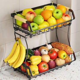 Alebew 2 Tier Kitchen Countertop Fruit Basket Bowl with 2 Banana Hangers,Detachable Black Metal Vegetable Storage Stand with Wooden Handle,Produce Organizer for Bread Snack Veggies Potato