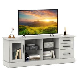 Tangkula Farmhouse TV Stand for 75 Inch TVs, 63” Media Console Table with 3 Drawers, 2 Glass Shelves & Cable Holes, Modern Wooden Entertainment Center for Living Room, Bedroom (Gray)
