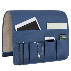 NB Sofa Armrest Organize remote holder bedside caddy organizer with 5 pockets，non-slip couch remote control holder couch armchair caddy accessories (Blue, 35''x18'')