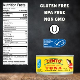 Cento Solid Pack Light Tuna in Olive Oil, 3 Oz (Pack of 12), High Protein, MSC Certified, Wild Caught Tuna Fish
