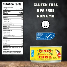 Cento Solid Pack Light Tuna in Olive Oil, 3 Oz (Pack of 12), High Protein, MSC Certified, Wild Caught Tuna Fish