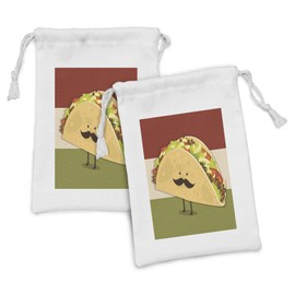 Ambesonne Food Fabric Pouch Set of 2, Mexican Taco with Mustached Face Rolled with Veggies Humor Comic Childish Art, Small Drawstring Bag for Toiletries Masks and Favors, 9" x 6", Multicolor