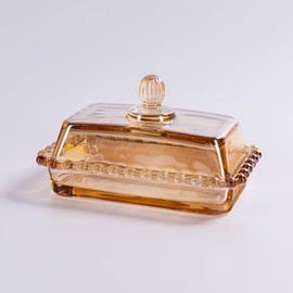 Glass Butter Dish with Lid for Countertop, Champagne Color Crystal Glass Covered Butter Stick Holder Tray, Butter Storage Container for Fridge
