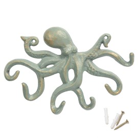 ChasBete Octopus Coat Hooks for Wall, 22.5cm Heavy Duty Wall Hooks, Rustic Key Holder for Decor - Gold Green