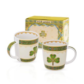 GaelSong Irish Clover Tea Set Bone China Celtic Mugs Made in Ireland 370ml Dishwasher Safe Pack of 2