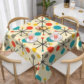 Mid Century Fifties Modern Atomic Retro Colors Tablecloth Washable Waterproof Yellow Table Cover for Kitchen Dining Room Picnic Party BBQ Wedding, Square 60" Table Cloth