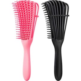 2 Pieces Brush for Hair Textured Kinky Wavy/Curly/Coily/Wet/Dry/Oil/Thick/Long Hair, Knots Detangler Easy to Clean (Black+Pink, One size)