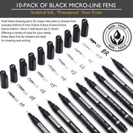 MARTCOLOR Micro Pen Fineliner Pens, 10 Size Fine Point Archival Black Ink Pens, Waterproof Multiliner Pen for Artist Illustration, Sketching, Art Drawing, Anime, Manga, DIY Gifts Projects