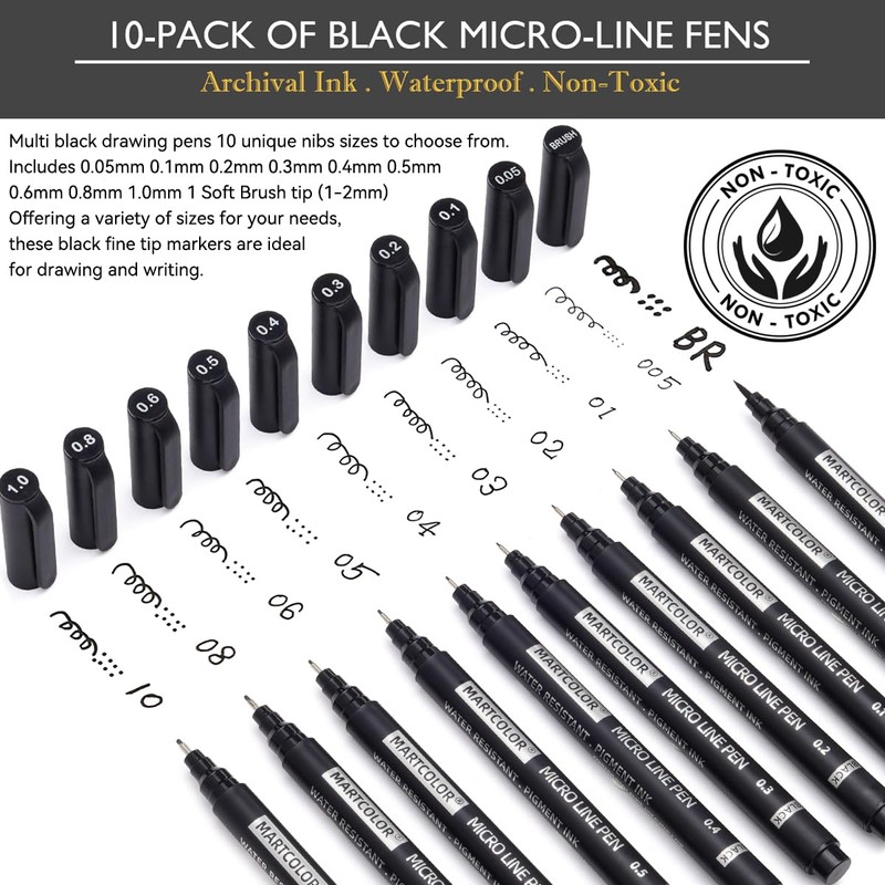 MARTCOLOR Micro Pen Fineliner Pens, 10 Size Fine Point Archival