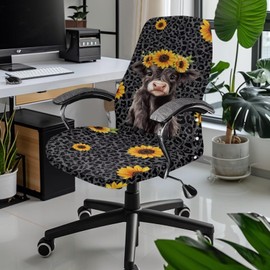 Xorudoydet Highland Cattle Sunflower Leopard Print Office Chair Cover, Anti-Dust Chair Cover for Swivel Executive Office Chair Thick High Back Chair Slipcover with Elastic Bottom-L