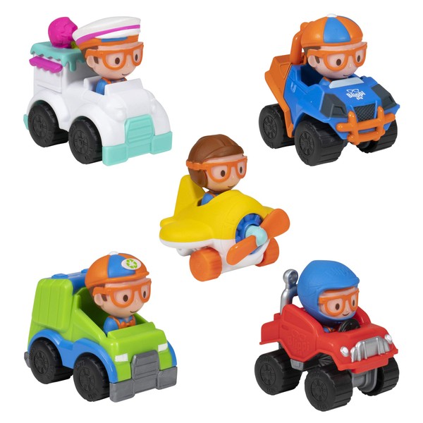 Blippi Mini Mobiles, 5 Pack Mini Vehicles - Features Character Toy Figure In Each Vehicle: Mobile/Car, Monster Truck, Recycle Truck, Ice Cream Truck, and Airplane - Educational Toys for Young Children