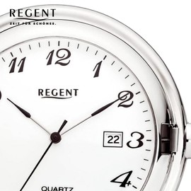 REGENT Men's Pocket Watch Savonnette Flip Cover 47 mm Quartz White Dial Arabic Numbers Date, P-734 - Silver / Smooth Matt, Classic