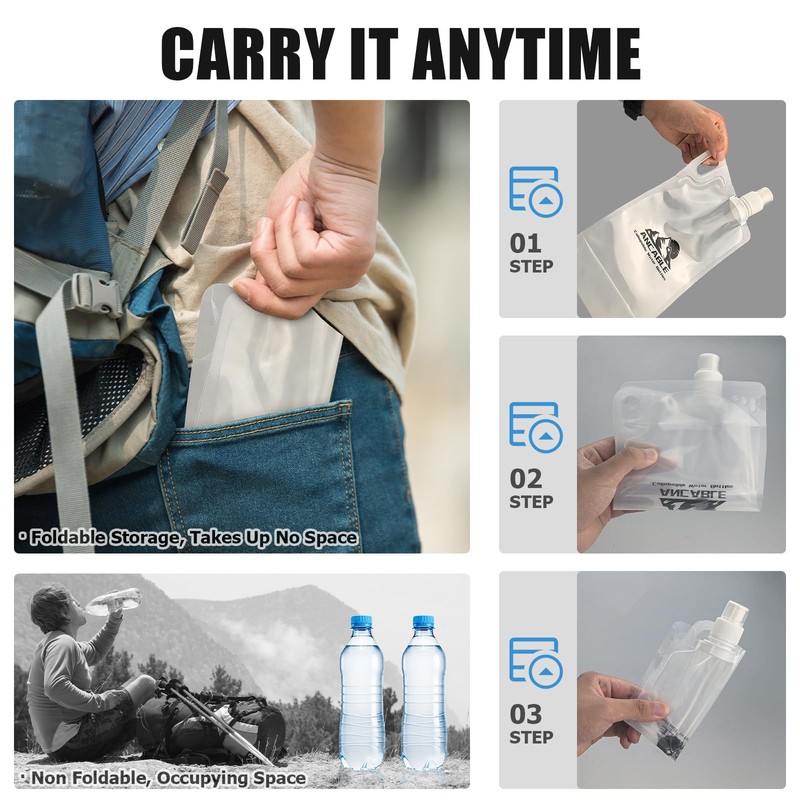 Ancable 1L Hiking Collapsible Water Bottles, 4-Pack 33OZ BPA-Free Foldable