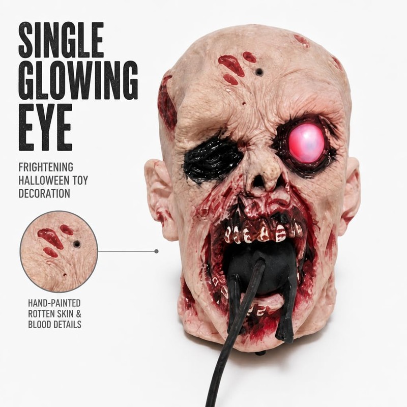 Realistic Zombie Head Sculpture - Halloween Horror Decor with Glowing
