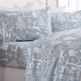 4 Pc Cabin Lodge Style Light Blue Fitted Sheet Teen | Elegant Deer Tree Snowflakes Print Holiday Pattern Warm Farmhouse Cotton Bed Sheet Set | Flannel Deep Pocket Reversible Christmas Bedding Set Full