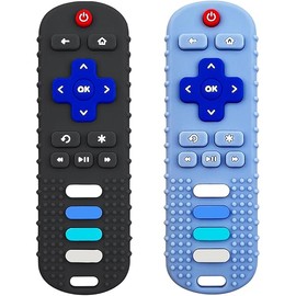 2-Pack Silicone Baby Teething Toys, TV Remote Teethers for 6-12-18 Months Infant, Fire Remote Shape Toddlers Silicone Teethers for Boys and Girls Sensory Toy(Black+Blue)
