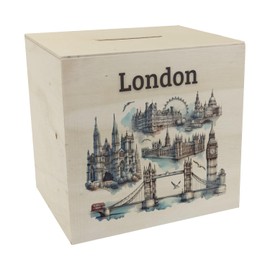 Skyline London Wooden Money Box City Landmark Big Ben Tower Bridge London Eye Buckingham Palace - Perfect for Collectors